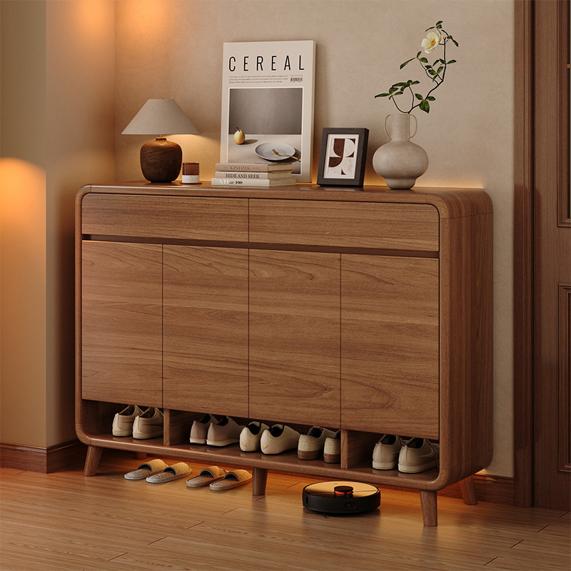 Gabinete de zapatos de madera sólida puerta de entrada doméstica nuevo estilo chino interior 2025 nuevo gabinete de almacenamiento integrado contra la pared rack de zapatos