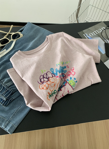 Designer Gray Pink Gingham Pure Cotton T-shirt for Women, Youthful Korean Style Loose Round Neck Color Point Cartoon Print Short Sleeve Top for Summer