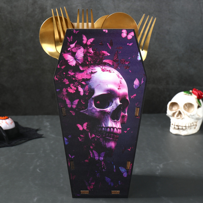 Halloween Skull Butterfly Cutlery Storage Box for Home Kitchen Knife, Fork, and Spoon Organizer Holiday Decoration Wooden Storage Tube