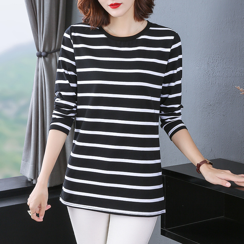 胖mm加肥加大码宽松长袖t恤女装秋装中长款打底衫女士条纹上衣服