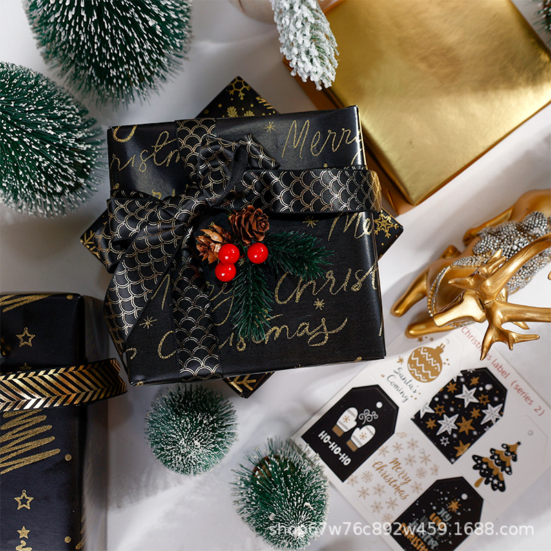 Rollo de papel de regalo de Navidad transfronterizo paquete de tubo de papel de regalo de árbol de Navidad de copo de nieve de oro negro rollo de gran tamaño sentido avanzado