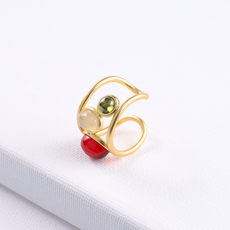 Inlay Design Fashion Geometric Copper Inlay Artificial Gemstones Open Ring