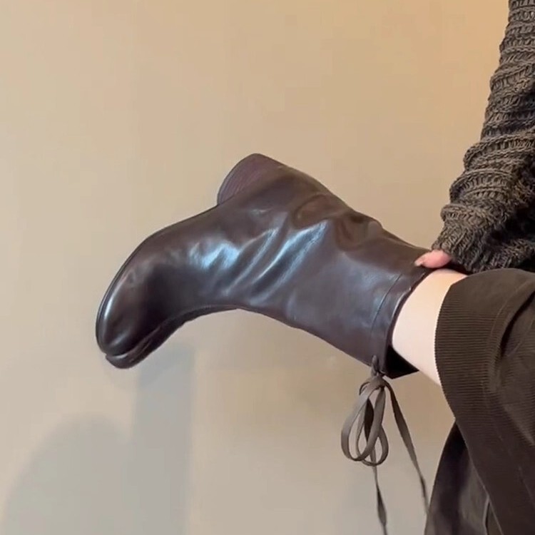 牛皮版~百搭小众时髦分趾靴子女复古真皮粗跟系带个性短靴时装靴|undefined