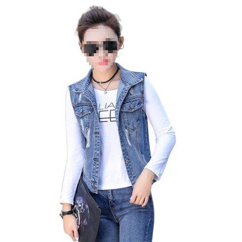 Spring and Autumn Cowboy Vest Backless Jacket Korean Style Fashion Hipster Vest Women Large Pockets Printed Versatile Open Vest Loose