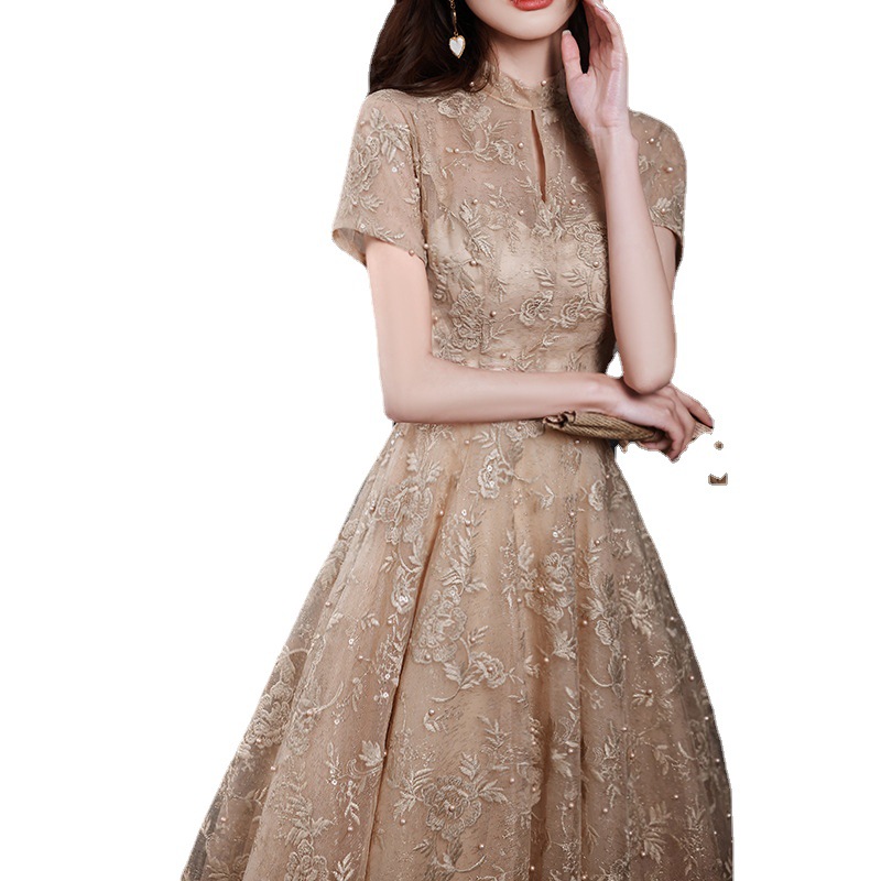 Champagne banquete vestido de noche nuevo verano transfronterizo temperamento de hadas arte examen rendimiento vestido Reunión Anual vestido anfitrión