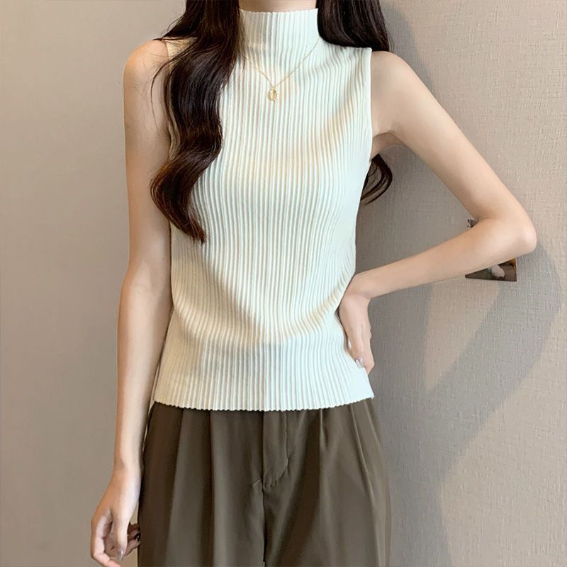 Core-Spun Yarn Half-Turtleneck Knitted Base Shirt for Women, Early Autumn Vest for Wearing under a Suit, Sleeveless Mid-Neck Sweater Core-Spun Yarn Half-Turtleneck Knitted Base Shirt for Women, Early Autumn Vest for Wearing under a Suit, Sleeveless Mid-Neck Sweater
