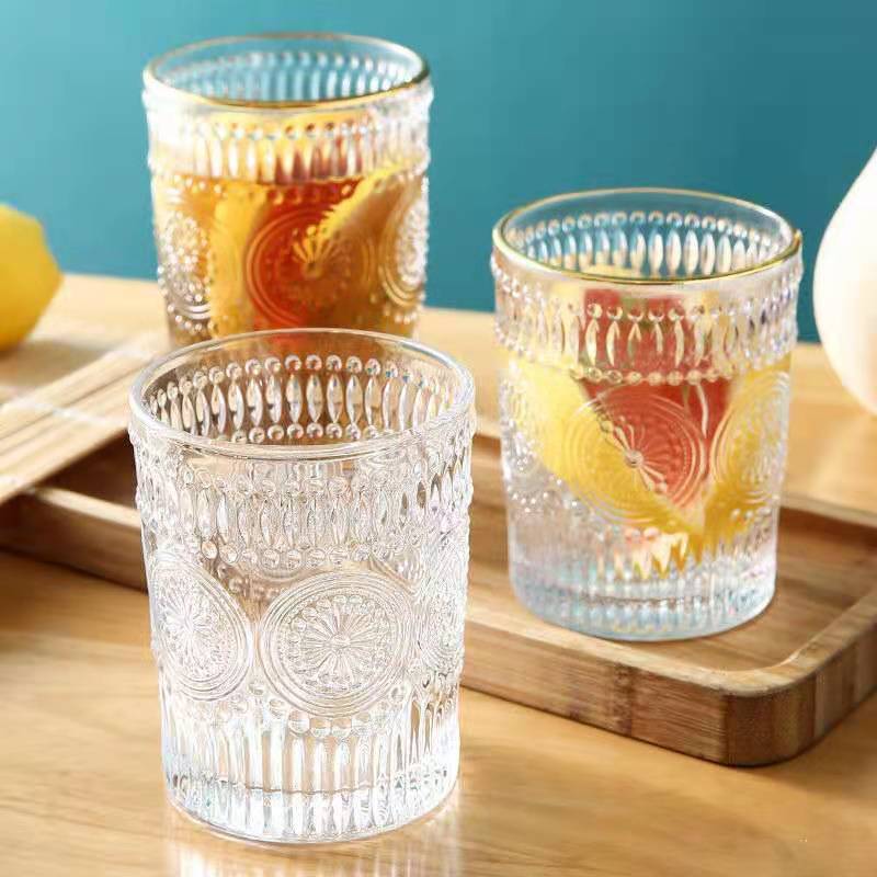 北欧金边玻璃杯复古太阳花浮雕水杯ISN加厚果汁杯家用早餐杯酒杯|ru