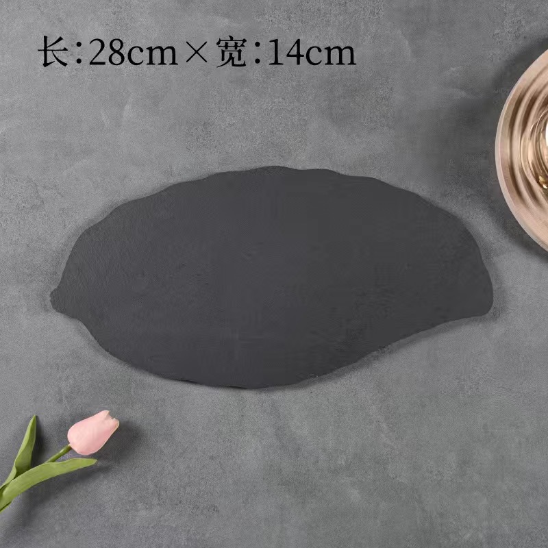 Hotel Vintage brotes de bambú negro Placa de pizarra natural Placa de filete occidental Placa de pizarra postre en forma de placa de roca