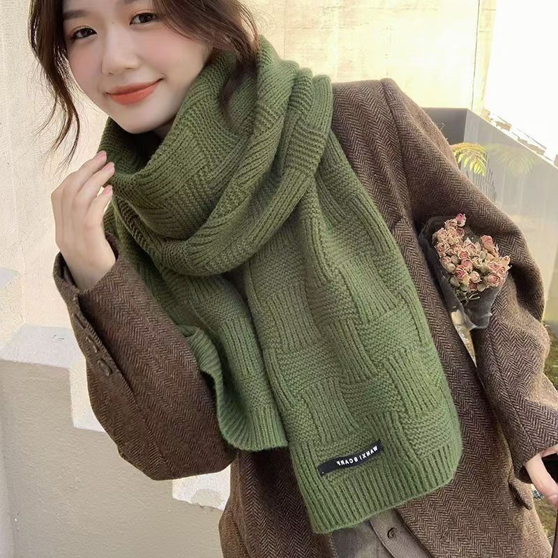 Women's striped versatile Japanese-style solid color thickened woolen knitted scarf for autumn and winter, warm long neck warmer