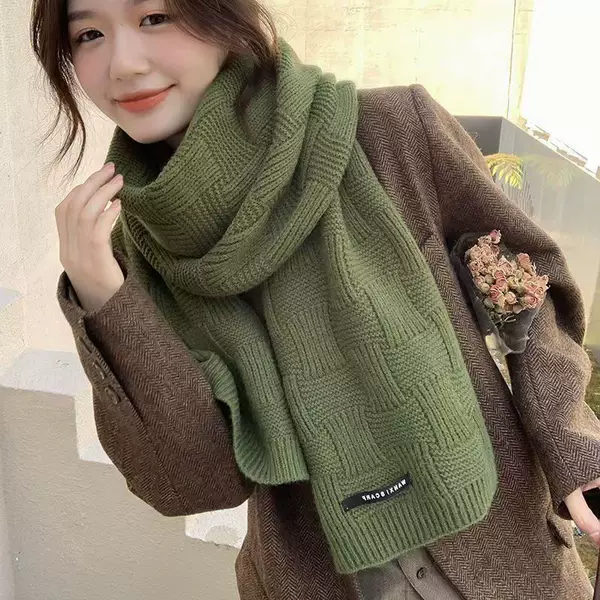 Women's striped versatile Japanese-style solid color thickened woolen knitted scarf for autumn and winter, warm long neck warmer