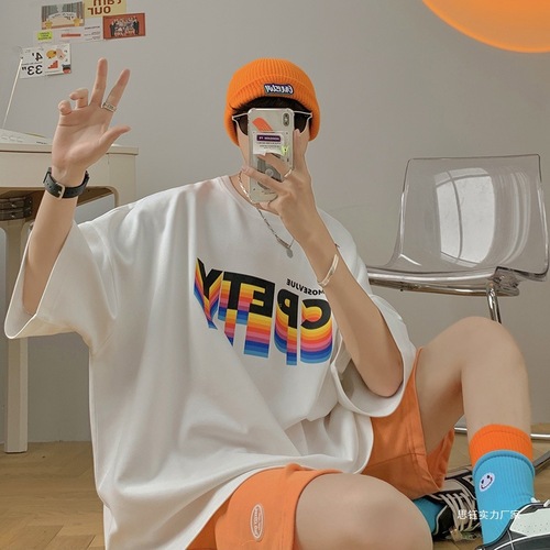 Men's white short-sleeve T-shirt with trendy brand, Instagram summer cartoon print, five-sleeve, Japanese-style loose round neck half-sleeve top.