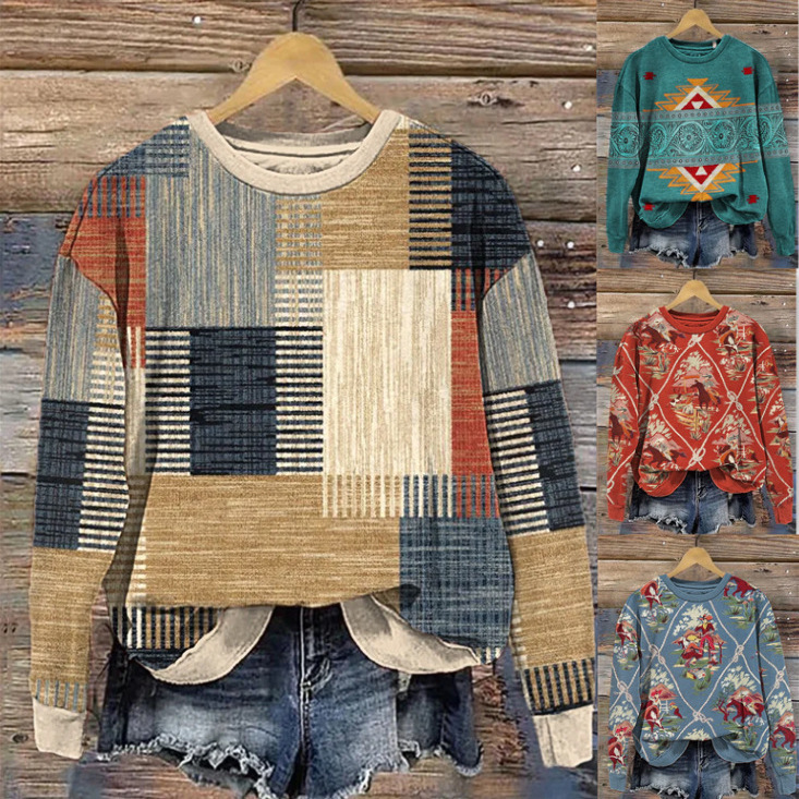 Cross-border supply autumn and winter new Amazon wish Europe and the United States long sleeve round neck retro western style sweater 6966 Cross-border supply autumn and winter new Amazon wish Europe and the United States long sleeve round neck retro western style sweater 6966