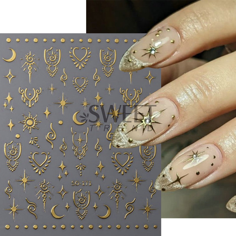 Cross-border new nail stickers wholesale vintage 3D gold silver rose gold star Moon Sun charm nail stickers decals