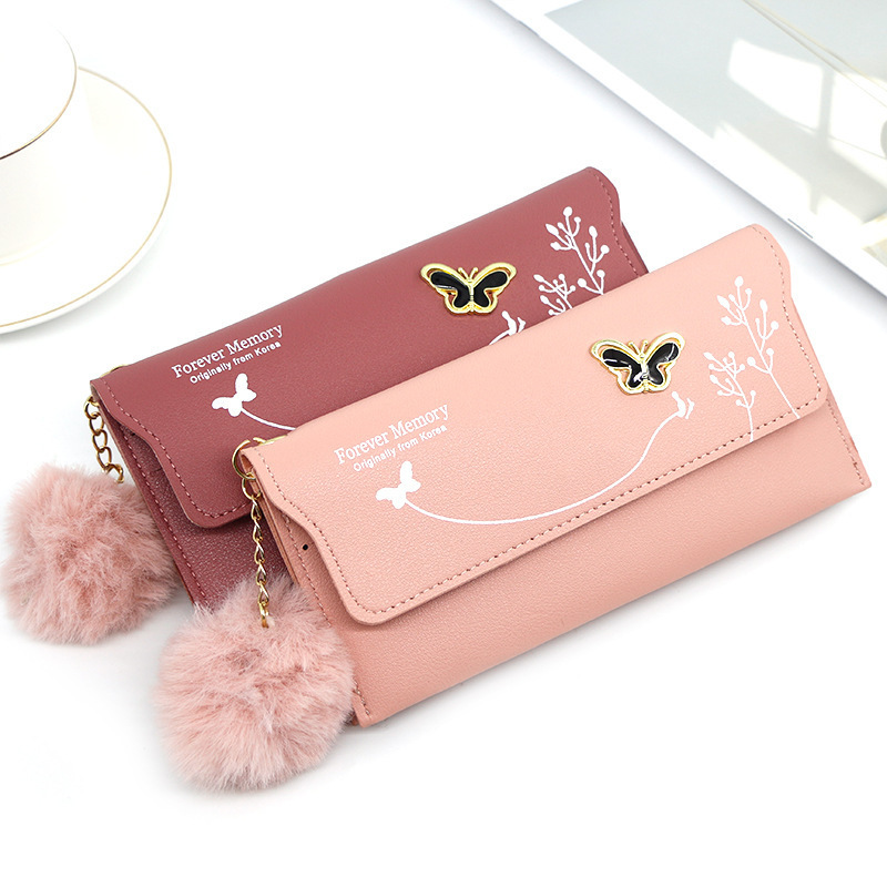 New Women's Long Wallet Simple Fur Ball Tassel Bow Clutch Bag Women's Long Bag Card Holder Coin Purse