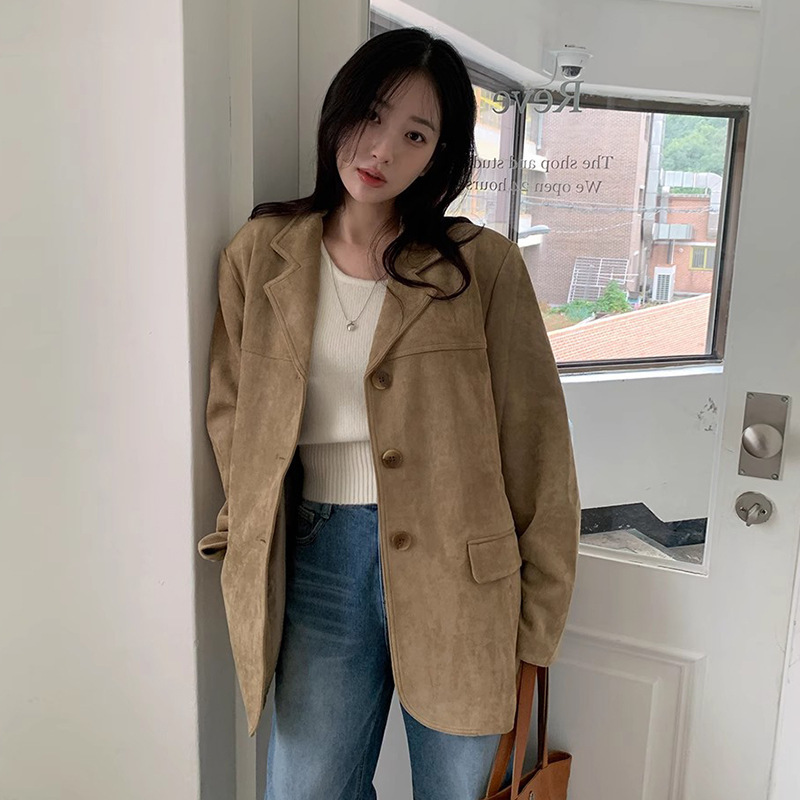 棕色西装外套女2025秋新款麂皮绒复古美拉德设计感小个子上衣百搭|undefined