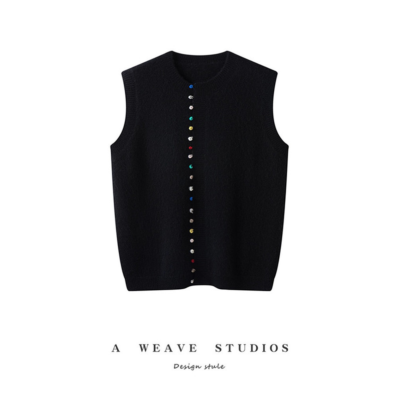 Purely Handmade Rainbow Button Cashmere Vest for Women, Layered Sweater, Knitted Cashmere Cardigan, Waistcoat, National Style