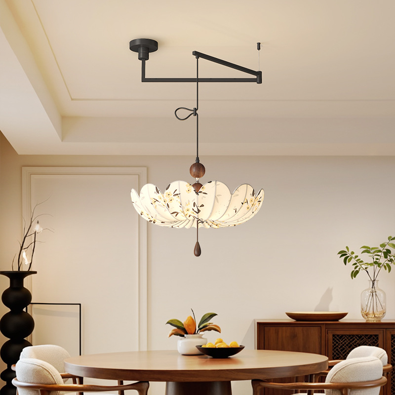 Estética de Song, dormitorio de flores de Nanyang, lámpara de techo medieval, diseño de arte retro francés, lámpara de balancín de tela de restaurante