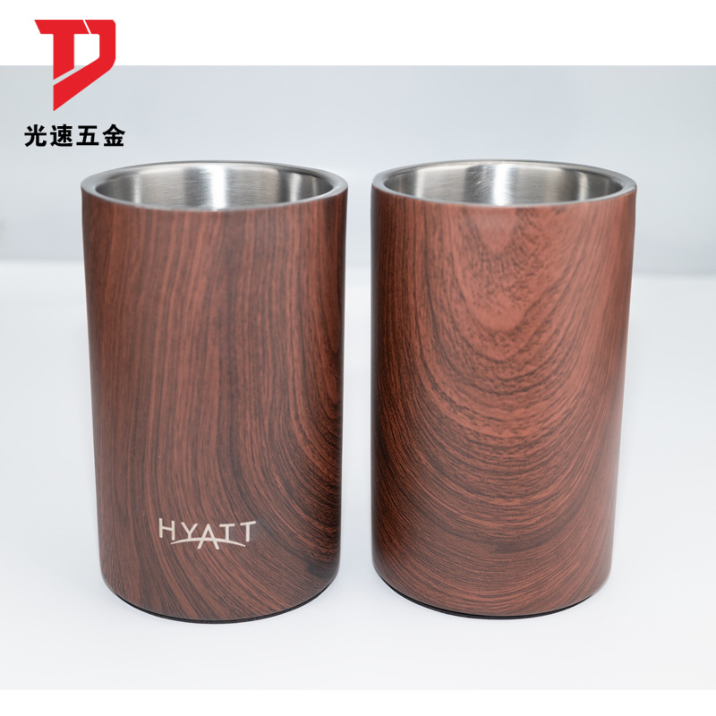 Acero inoxidable nuevo grano de madera de doble capa aislado cubo de hielo barra redonda recta cerveza cubo de metal Champagne Cubo de vino