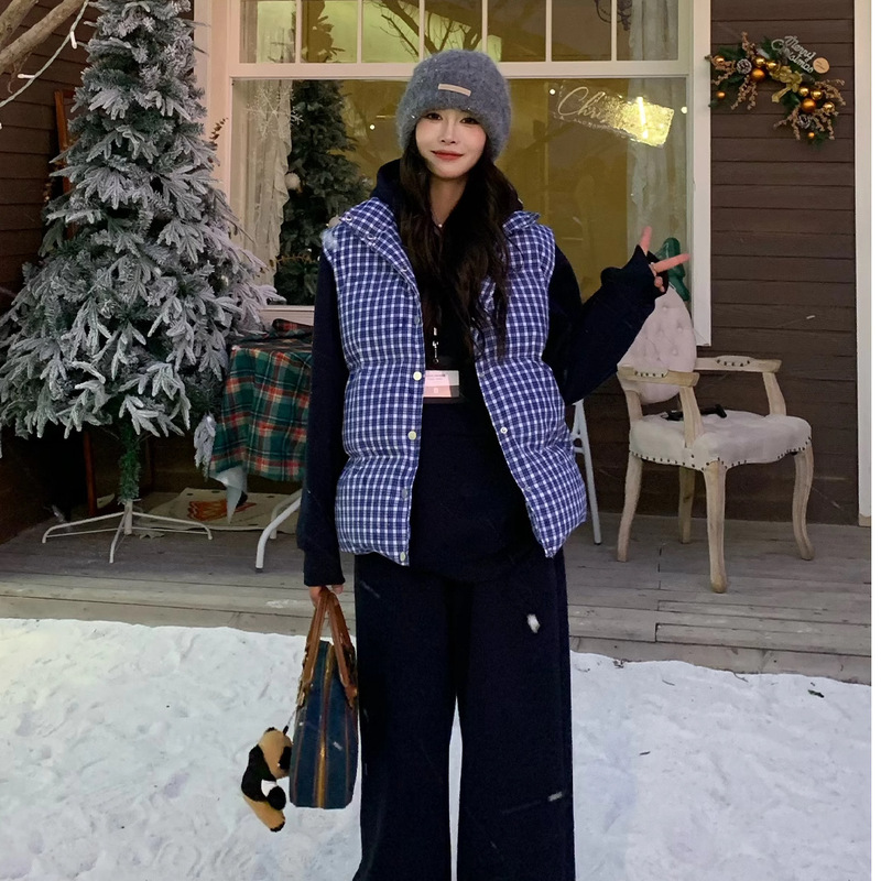 韩系复古蓝色格子立领无袖百搭棉服马甲背心女秋冬季加厚棉衣外套|undefined
