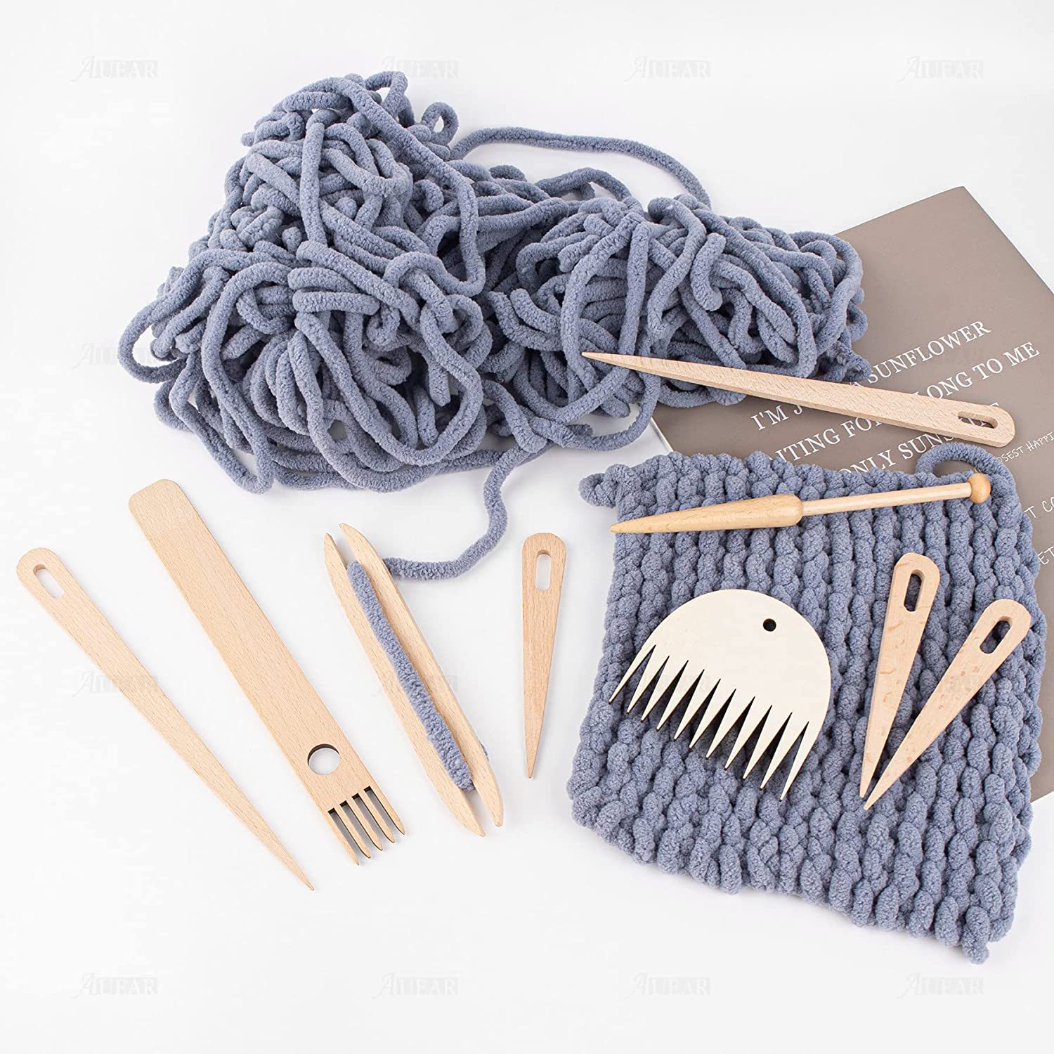 木制手织机棒套装大眼针织针木制穿梭机编织棒编织梳