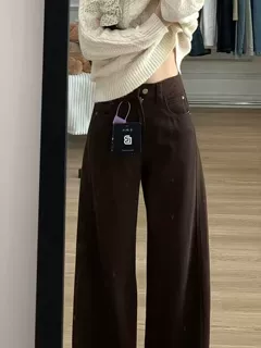 美拉德咖色弯刀牛仔裤女2026秋冬新款加绒保暖宽松显瘦阔腿拖地裤