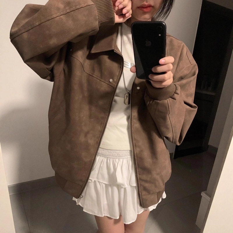 American Retro Couple Wear Brown Baseball Jacket 2025 New Autumn and Winter Pu Leather Loose Cardigan Women's Fashion