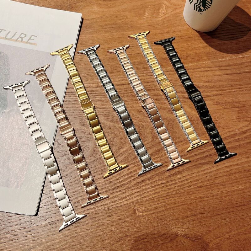 Suitable for Apple Watch Slim Waist Three-Link Steel Band Apple Watch 9 8 7 6 Slim Stainless Steel Strap