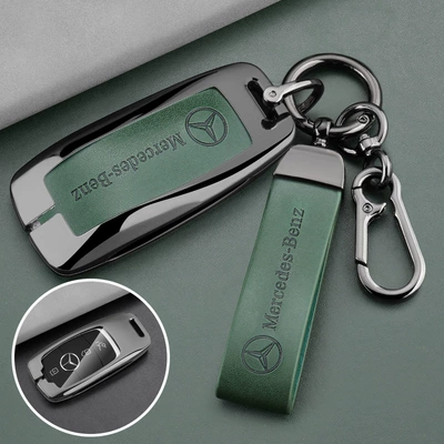 Alloy Car Remote Control Cover – Car key bag - 1-gunmetal-green-leather-all-inclusive-ring-leather-buckle