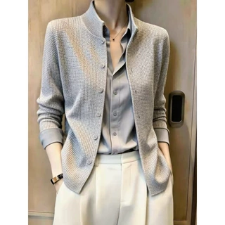 韩系小众时尚简约风针织开衫女浅灰色百搭显瘦通勤上衣2026秋新款