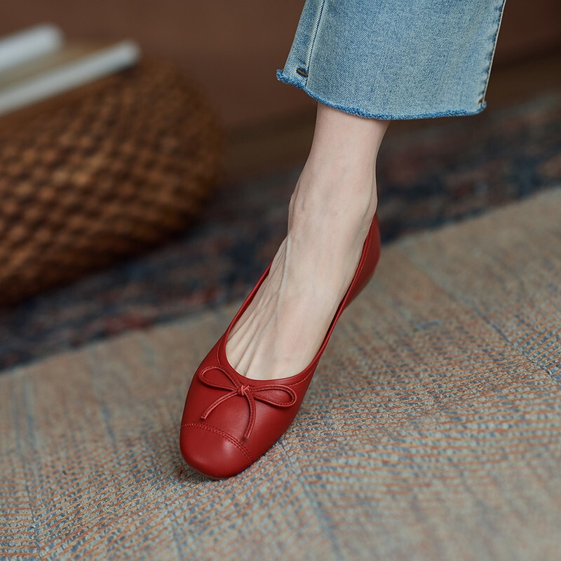 Red Flats for Women, Shallow Mouth Soft Leather Ballet Shoes, Scoop Shoes, Flats French Little Red Shoes, Beanie Shoes, Grandma Shoes, Wedding Shoes