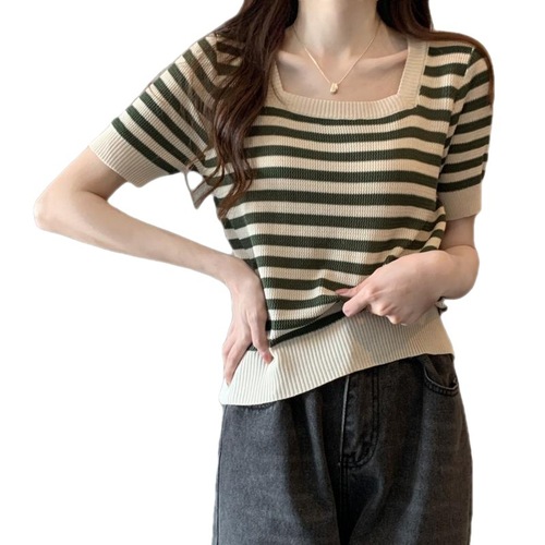 Women's Summer Design Stripe Short Sleeve T-Shirt Pure Desire Sweet Fitted Slimming French Unique Crewneck Knit Top