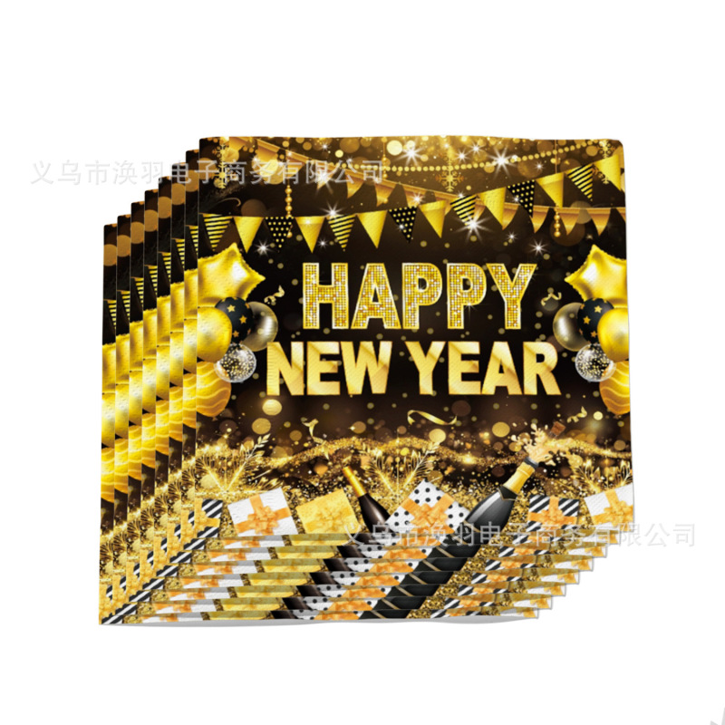 【现货】2026新款黑金新年元旦主题派对纸巾一次性印花餐巾纸厂家|undefined