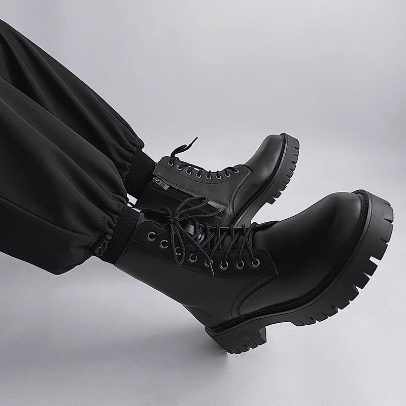 Side Zipper Boots Men's High-Top Fleece-Lined Warm Cotton Shoes Black Work Boots Winter Men's Shoes Height-Increasing High-Top Boots