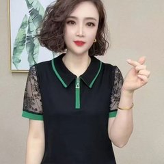 ドロップシッピングライブブロードキャストホットスタイル2025夏の新しいファッショナブルで年齢を軽減する人形襟ハーフジップ半袖Tシャツ