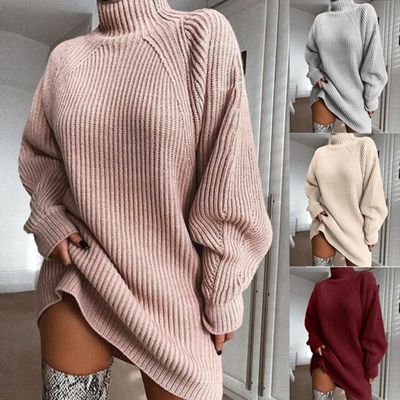 Vestido suéter de punto de media longitud con manga raglán y cuello medio alto, novedad de comercio exterior otoño-invierno 2026
