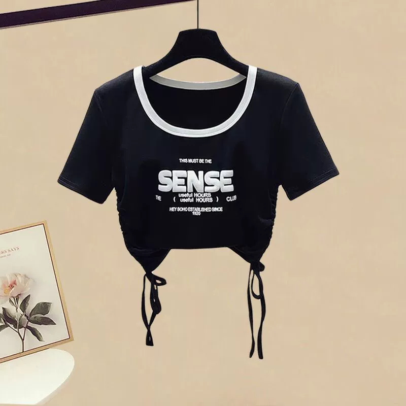 Summer set, jeans with letters, western style, drawstring, with short sleeve