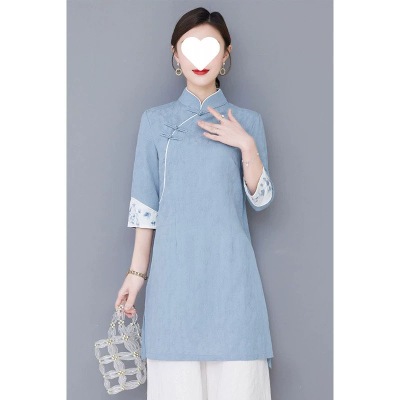 Китайский стиль, ретро, ​​литературный, воротник-стойка, на пуговицах, топ Cheongsam средней длины, одежда Zen Zen