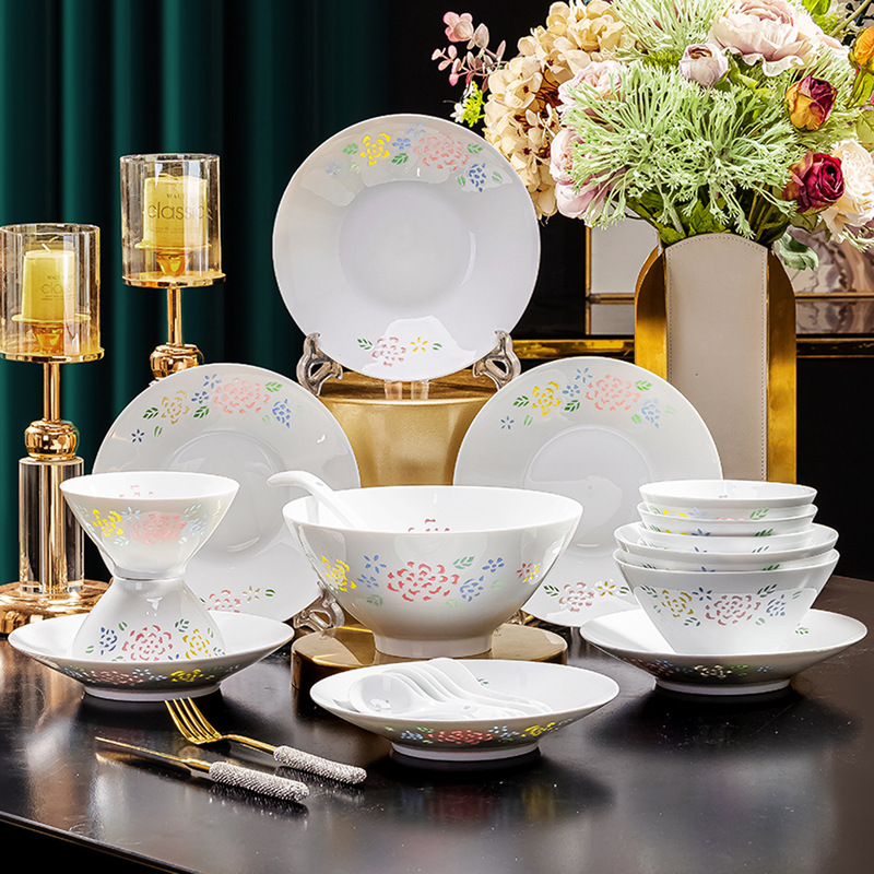 Six Bowls and Six Plates Small Set of Tableware Jingdezhen 22 Pieces Colorful Exquisite Ceramic Bowls, Plates and Spoons Set Small Family Tableware