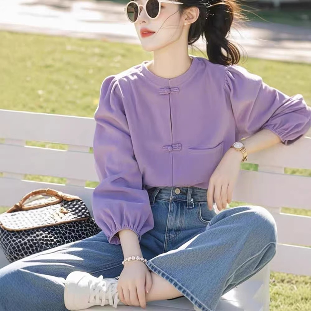 Áo sơ mi nữ tay dài cổ tròn phong cách Trung Hoa, khuy cài kiểu, dáng suông basic — màu tím chi tiết 3