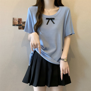 Plus Size Women's Summer Fat Girl Blue Bow Drawstring Knitwear Fat mm Short-Sleeved T-Shirt