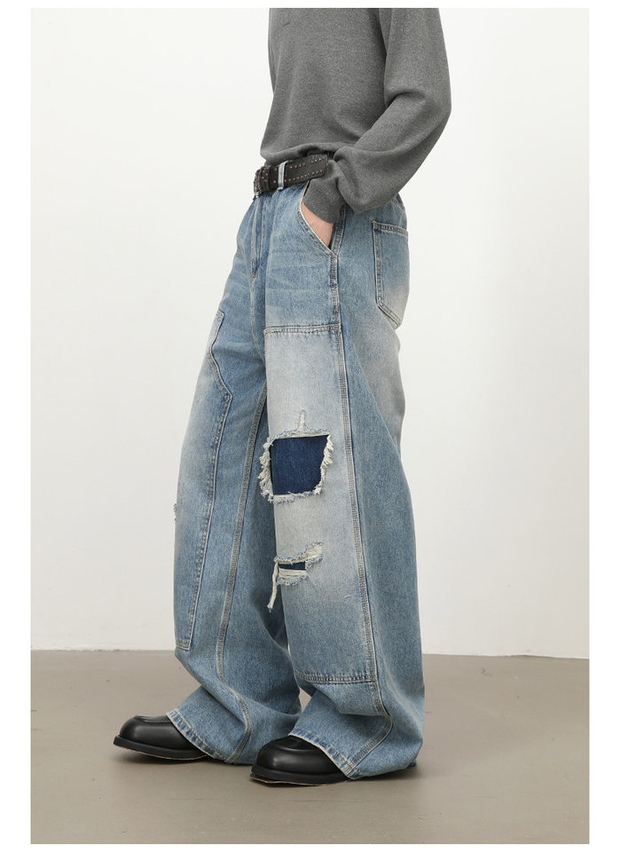 Quần jeans nam dáng rộng ống đứng phong cách Mỹ, wash xước rách phối vải — màu xanh chi tiết 9
