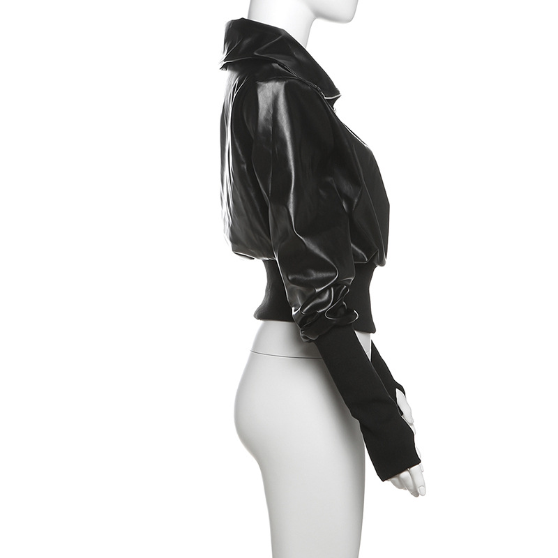 Winter Sexy Slim Short Patchwork Sweatshirt Solid Color Faux Leather Zipper Top