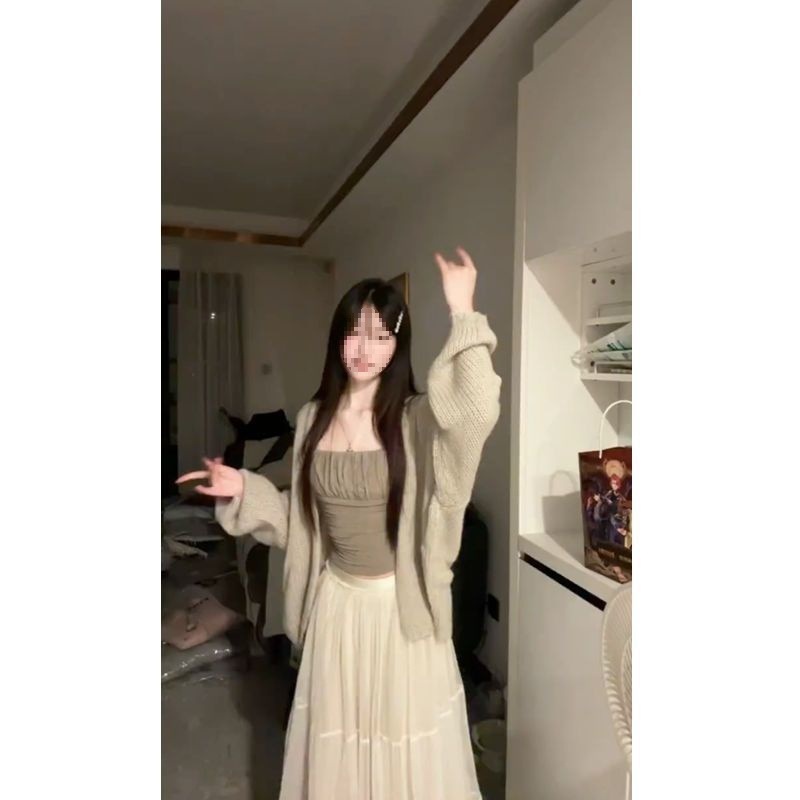 三件套女2025秋季新款温柔风慵懒宽松毛衣外套吊带背心高腰半身裙|undefined
