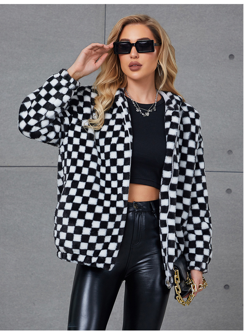 Women's imitation fur outerwear black and white checked short coat_voghion.com