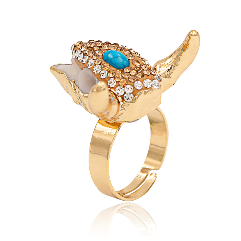 Adjustable Ring Size Street Occasion Exaggerated Bull Head Alloy Inlay Turquoise Rhinestones Unisex Open Ring
