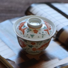 雲由山坊礬紅斗彩魚藻紋蓋碗茶杯手繪泡茶碗器功夫茶具一件代發