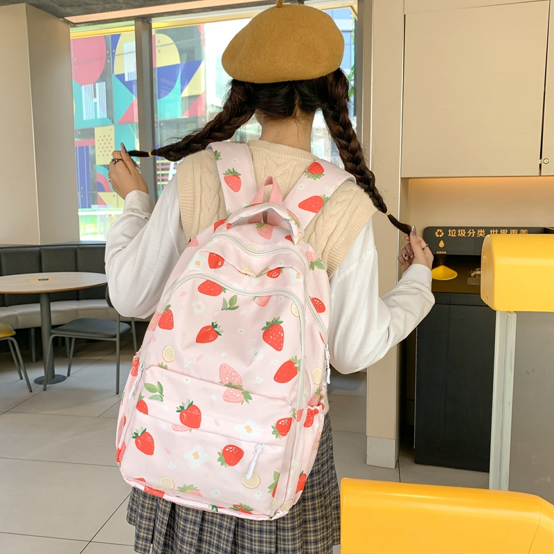 Moda nueva mochila de ocio impresa de gran capacidad moda fresa mochila del campus bolsa de viaje de computadora bolsa de hombro
