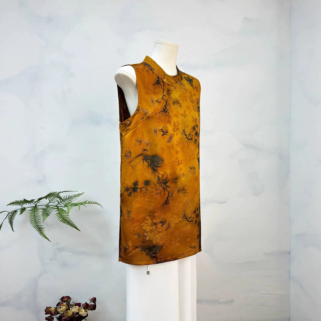 Новый китайский топ из вискозы в стиле ао дай, лето 2025, новая жаккардовая улучшенная жилетка-чонсам средней длины, рубашка в стиле Тан