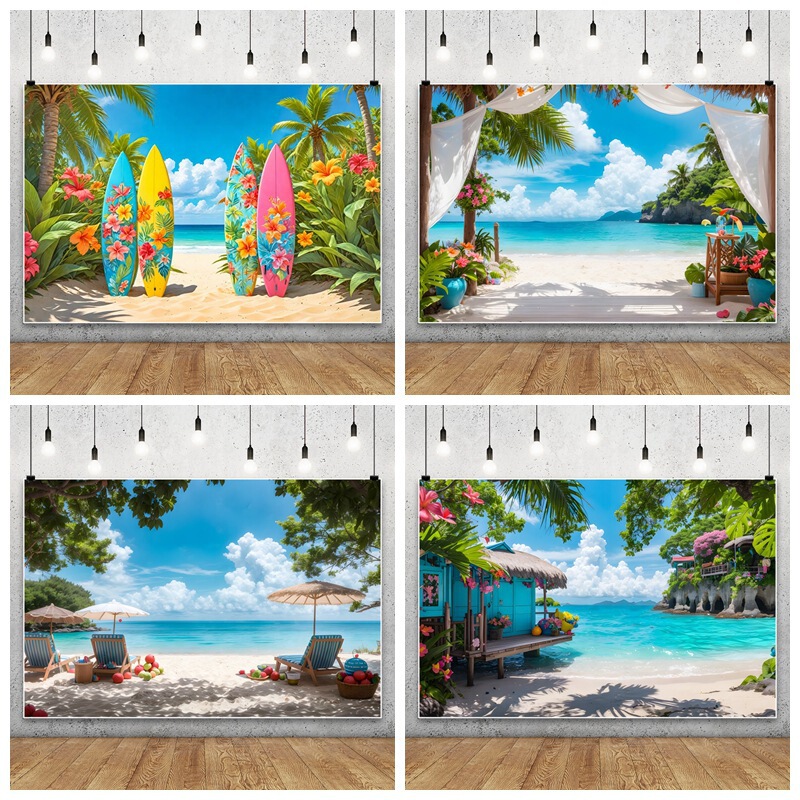 Hawaii Seaside Scenery Surfboard Flowers Trees Beach Photography Decoration Photo Material Background Cloth Banner