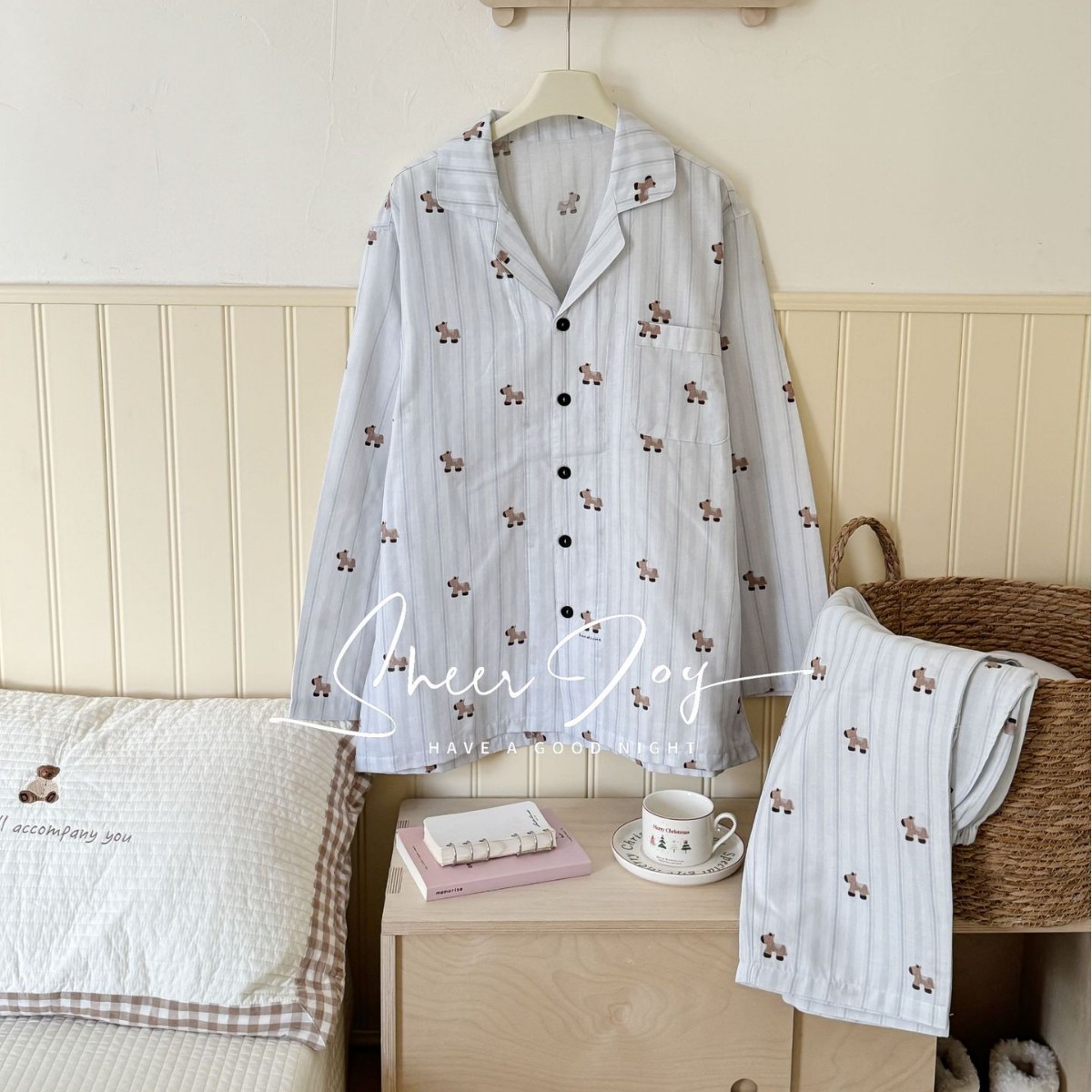 双层纱纯棉尖领卡通男士家居服系列长袖长裤木马乐园-灰